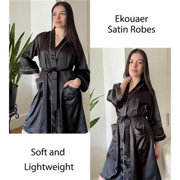 Black Silky Satin Robe for Women Knee Length Bride Bridesmaid Holiday - Picture 3 of 6